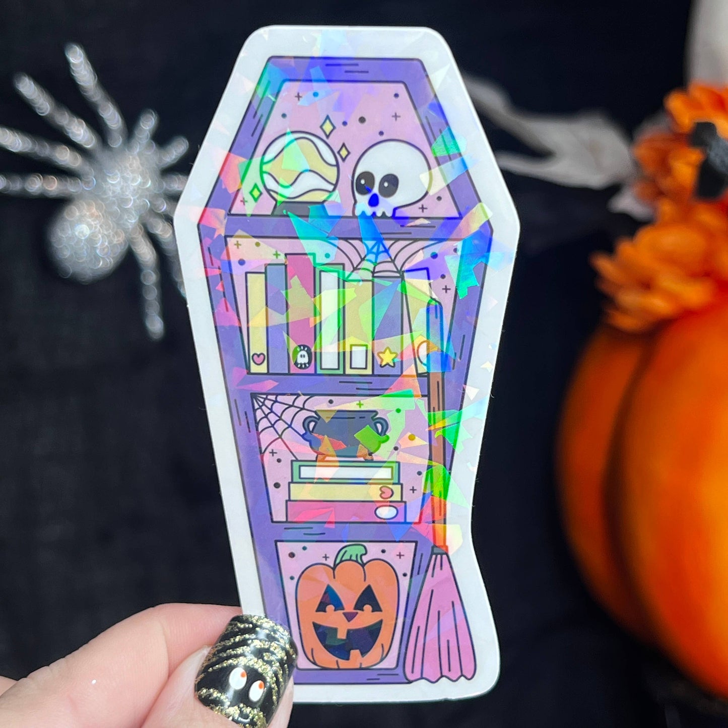 Halloween Purple Coffin Bookshelf Holographic Sticker