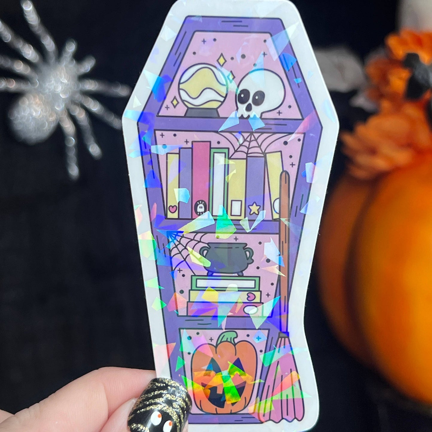 Halloween Purple Coffin Bookshelf Holographic Sticker