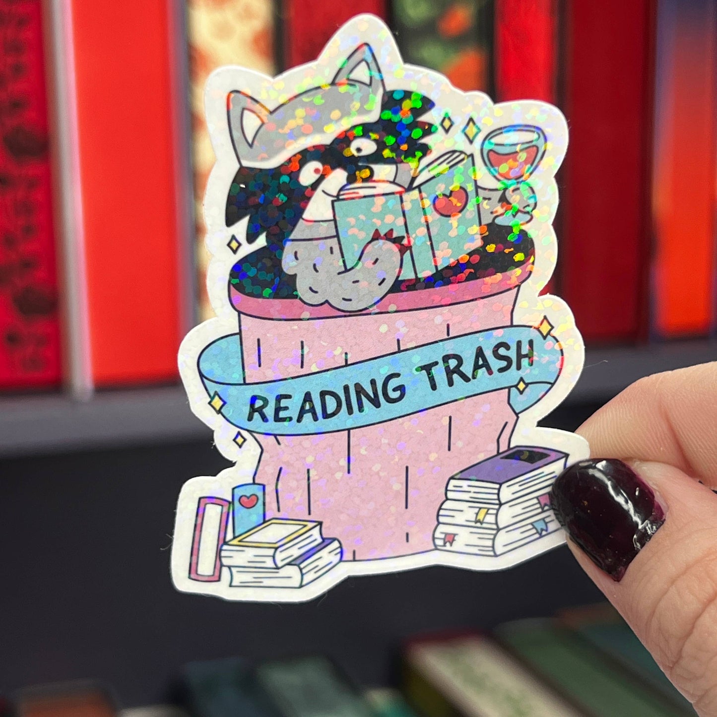 "Reading Trash" Holographic Sticker - Raccoon
