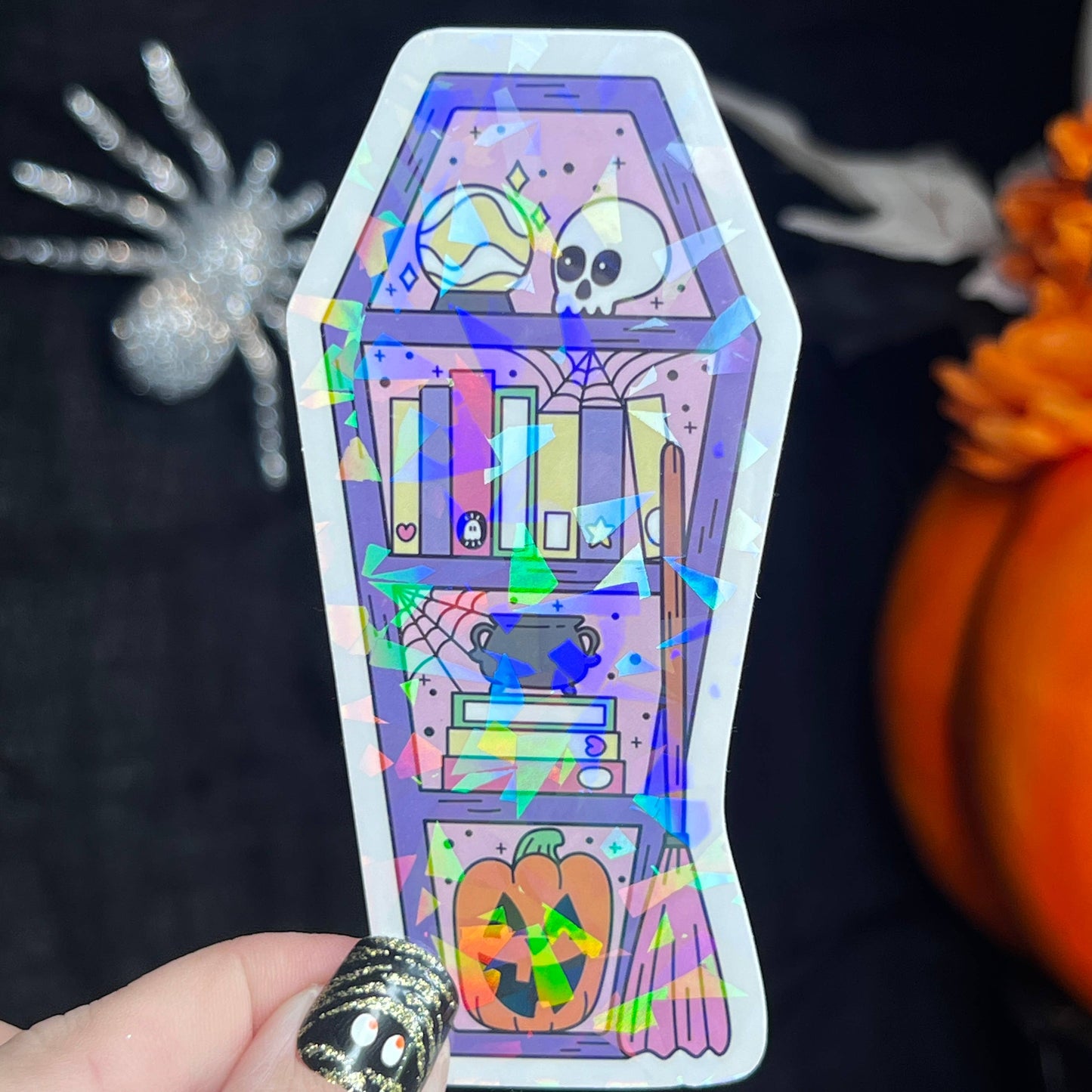 Halloween Purple Coffin Bookshelf Holographic Sticker