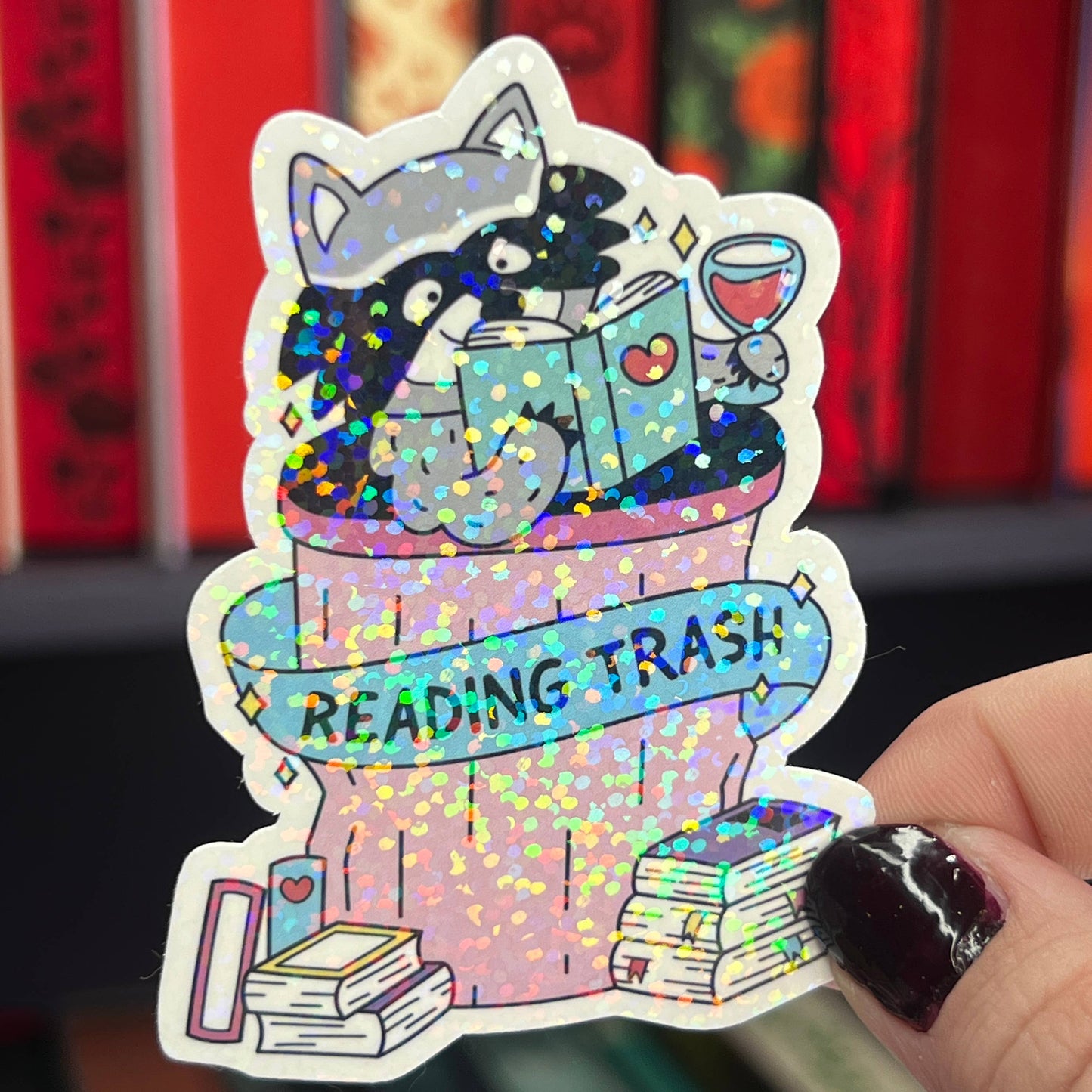 "Reading Trash" Holographic Sticker - Raccoon