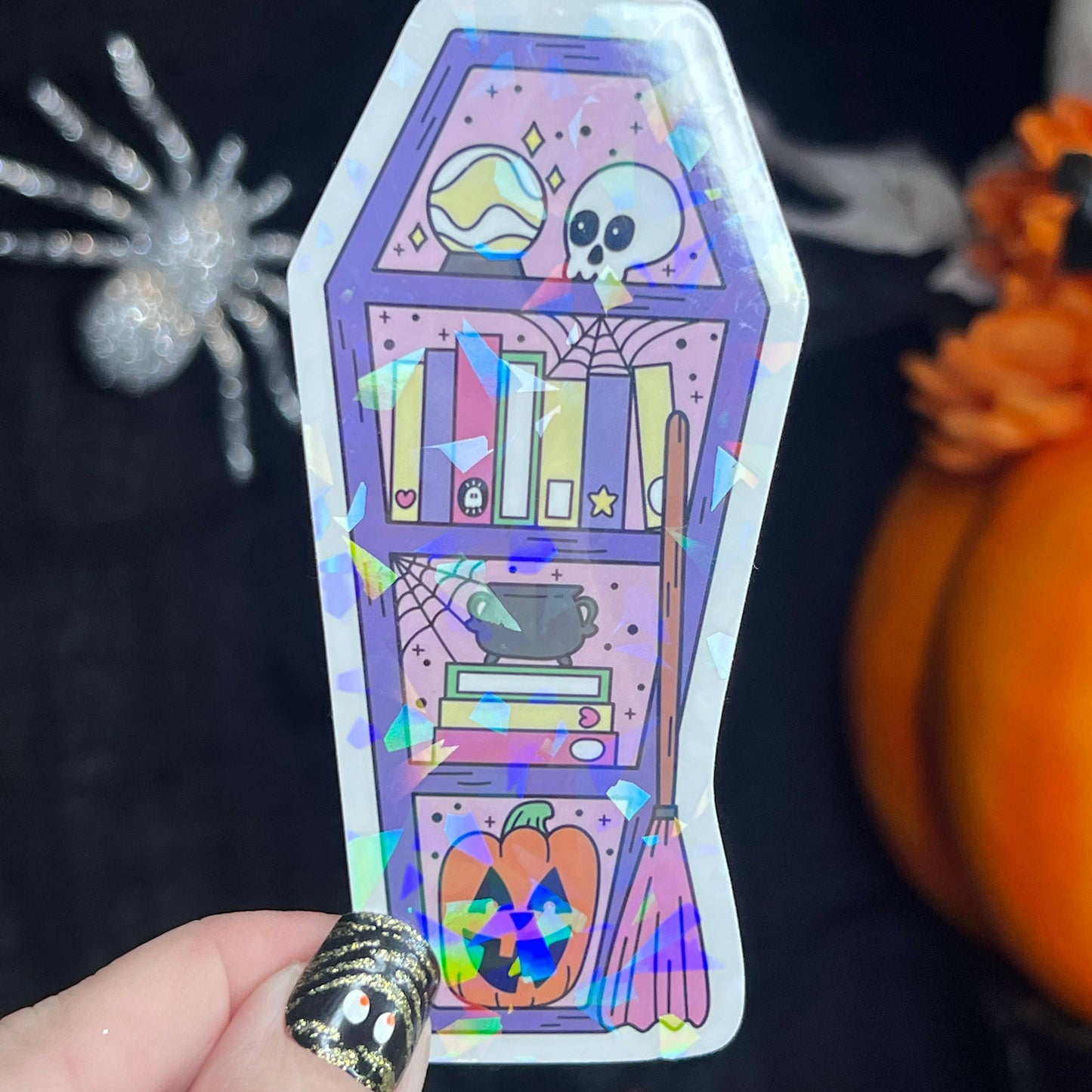 Halloween Purple Coffin Bookshelf Holographic Sticker