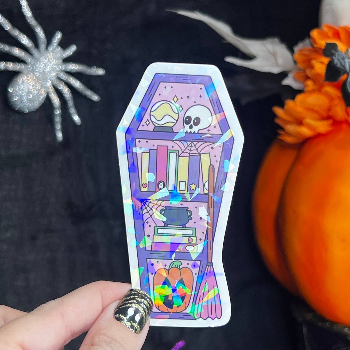 Halloween Purple Coffin Bookshelf Holographic Sticker