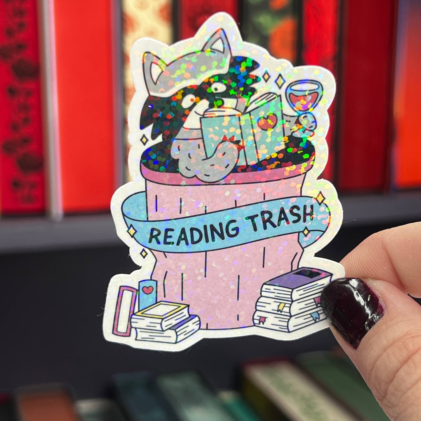 "Reading Trash" Holographic Sticker - Raccoon