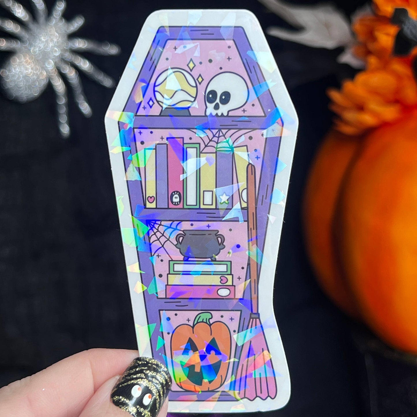 Halloween Purple Coffin Bookshelf Holographic Sticker