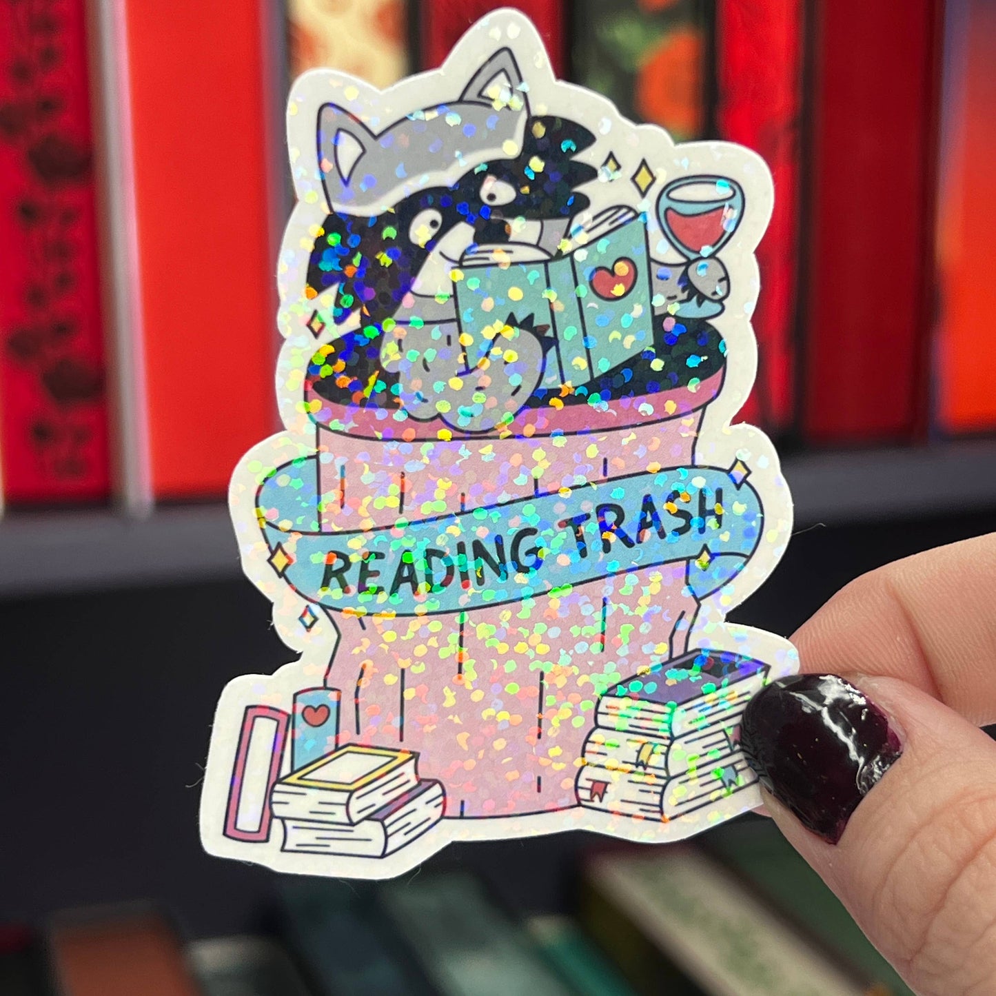 "Reading Trash" Holographic Sticker - Raccoon