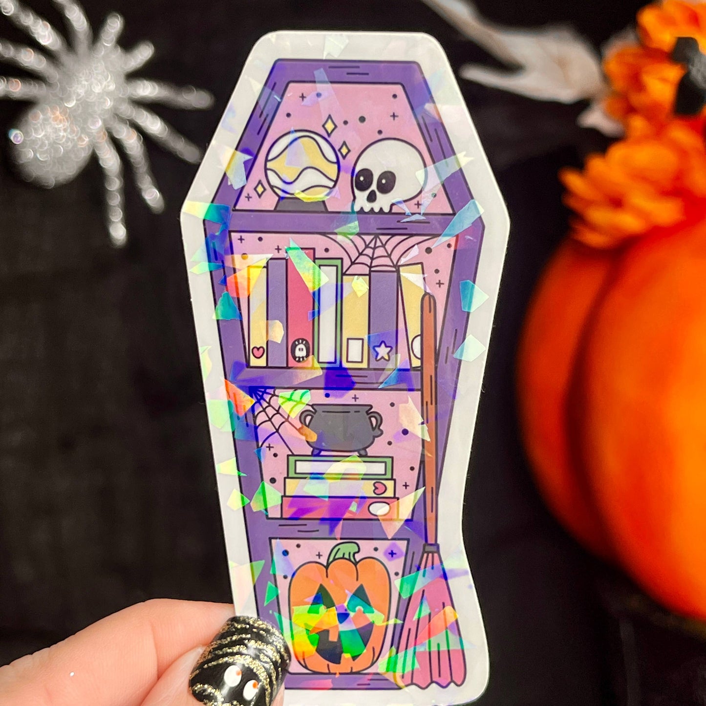 Halloween Purple Coffin Bookshelf Holographic Sticker
