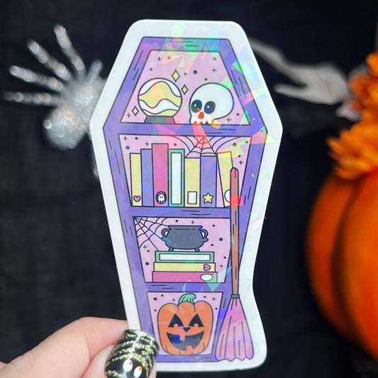 Halloween Purple Coffin Bookshelf Holographic Sticker
