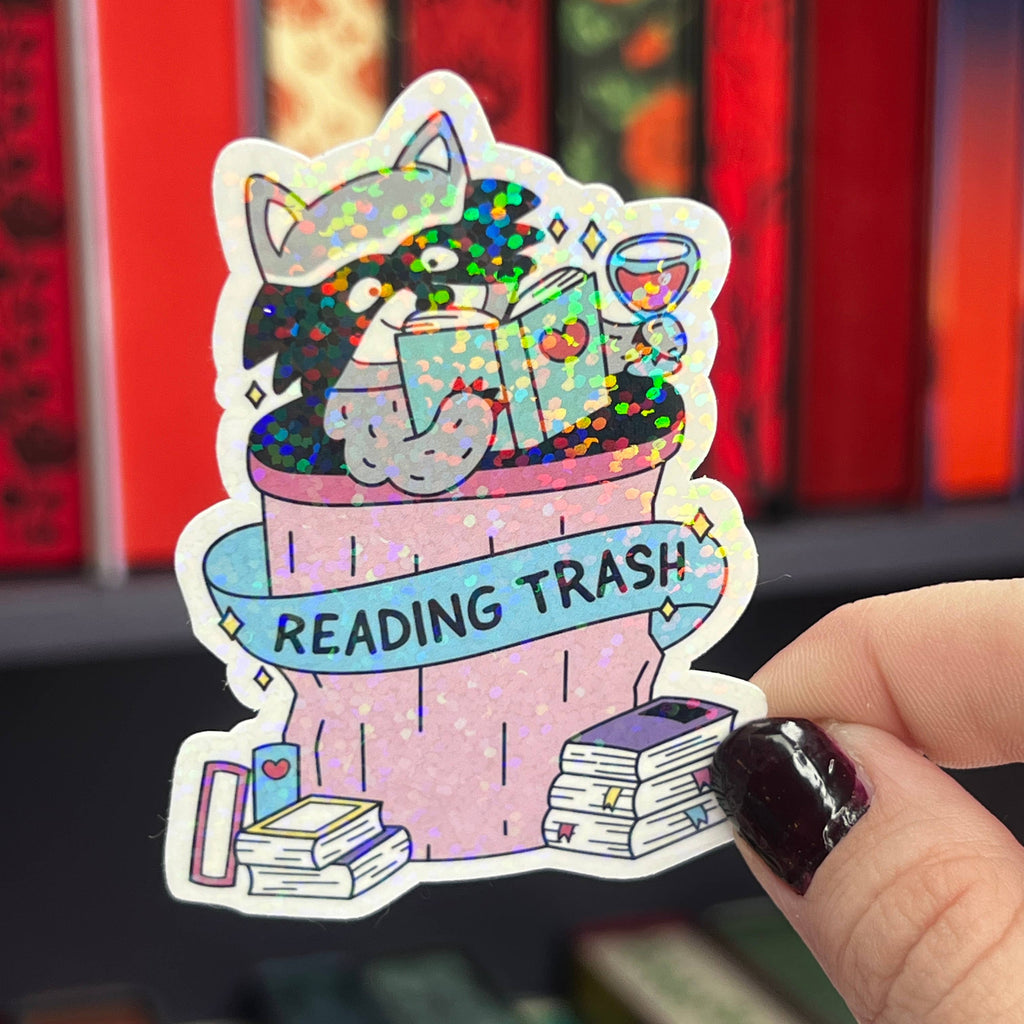 "Reading Trash" Holographic Sticker - Raccoon