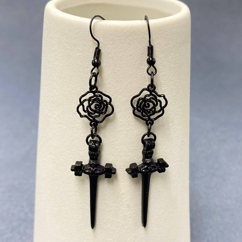 Gothic Black Rose Dagger Linked Dangle Earrings - GT