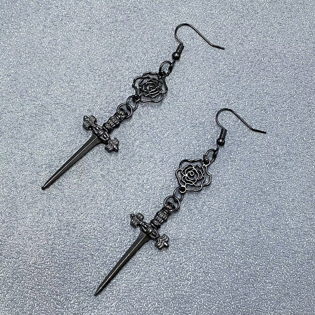 Gothic Black Rose Dagger Linked Dangle Earrings - GT