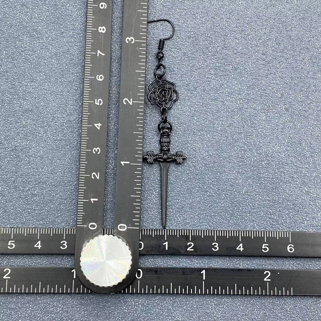 Gothic Black Rose Dagger Linked Dangle Earrings - GT