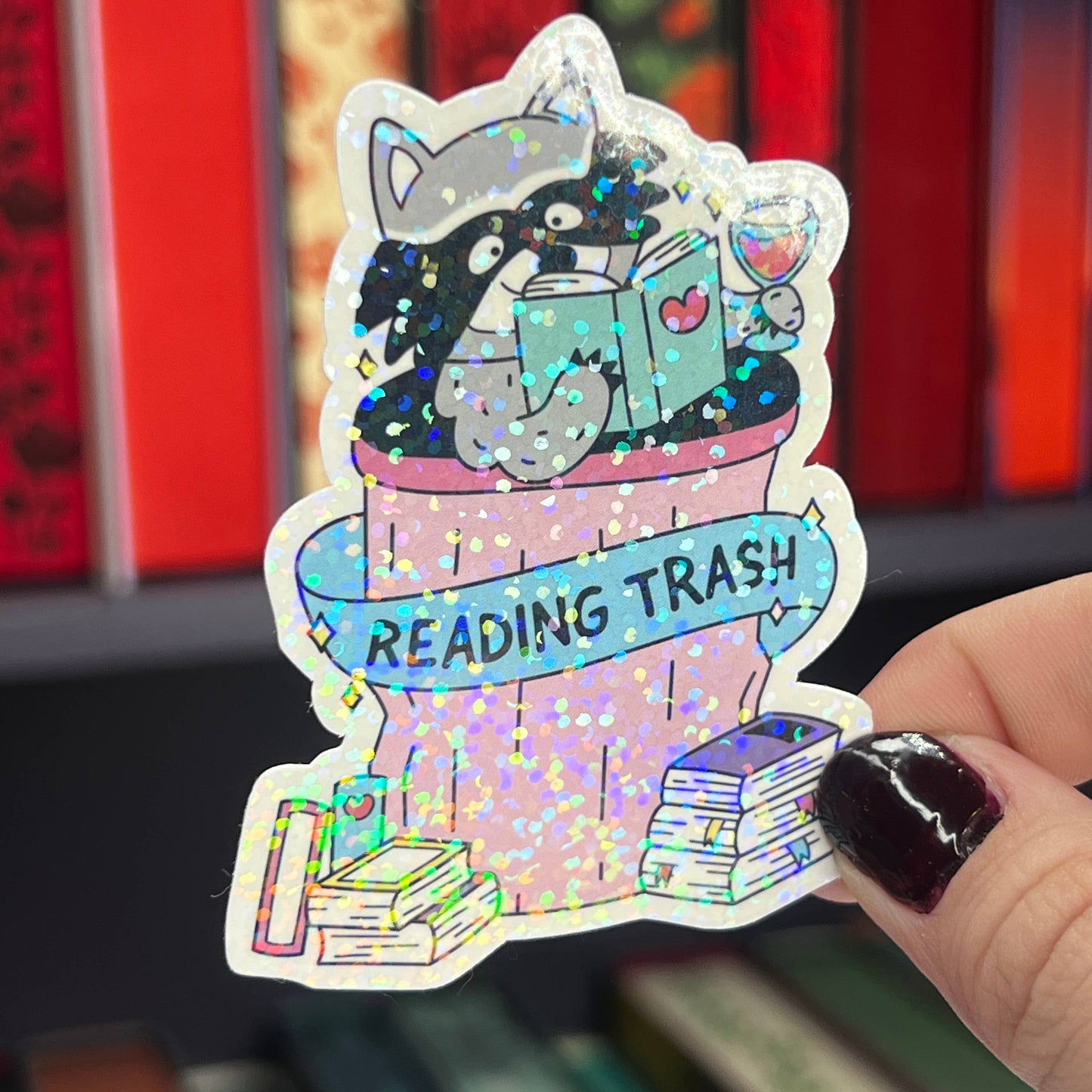 "Reading Trash" Holographic Sticker - Raccoon