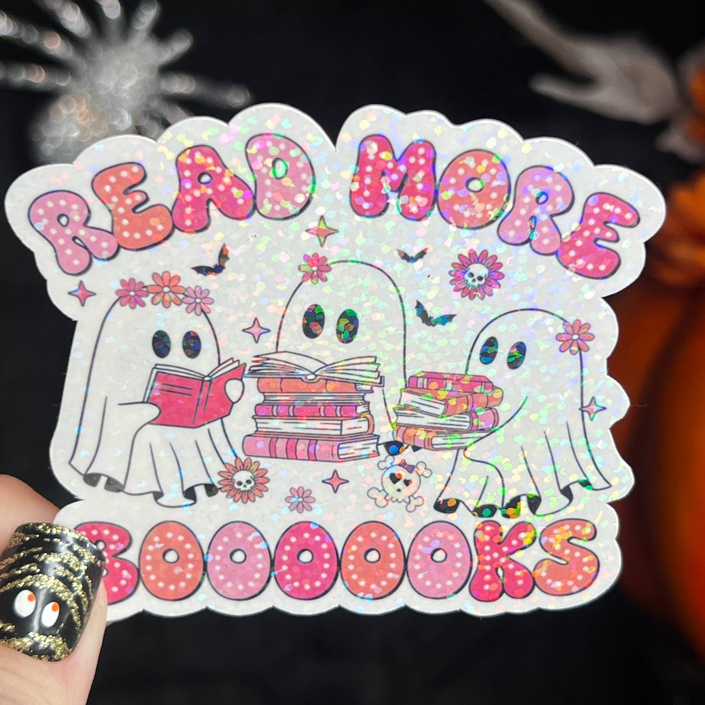 Halloween Read More Booooks Ghost Pink Holographic Sticker