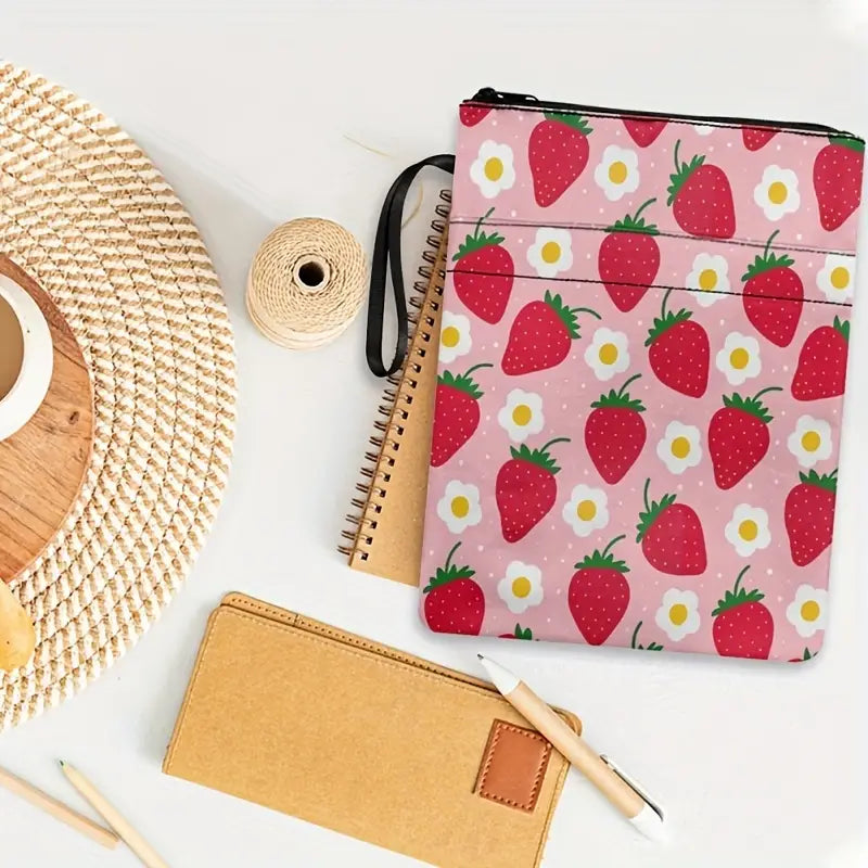 Vibrant Strawberry Pattern Canvas Book Sleeve with Zipper