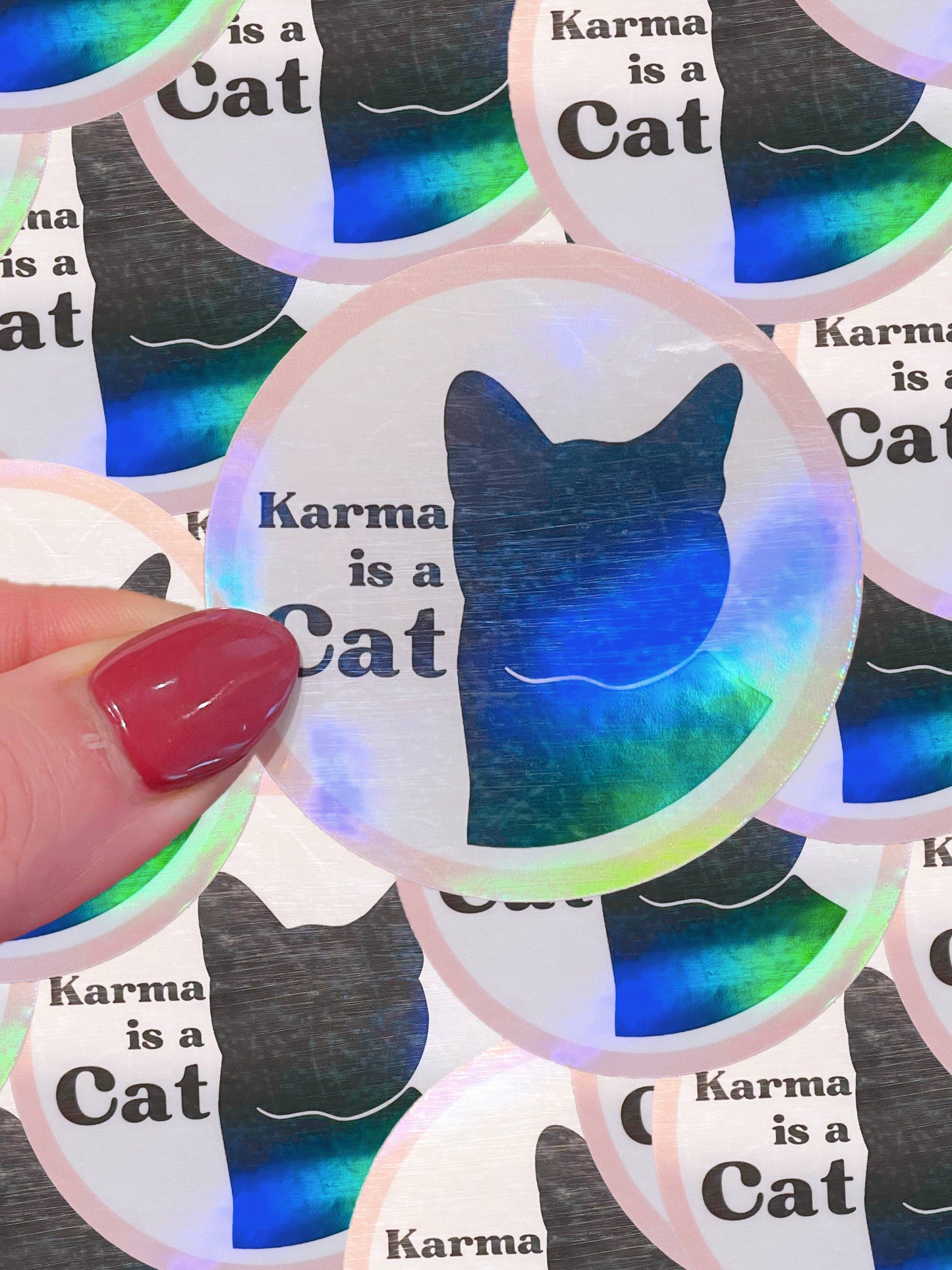 Karma is a Cat *holographic* waterproof sticker|karma: Pink