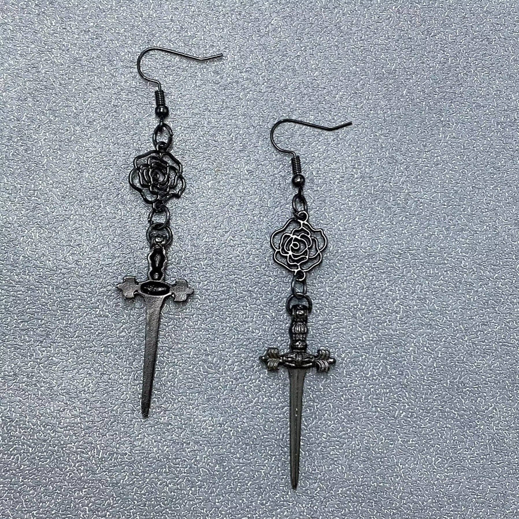 Gothic Black Rose Dagger Linked Dangle Earrings - GT
